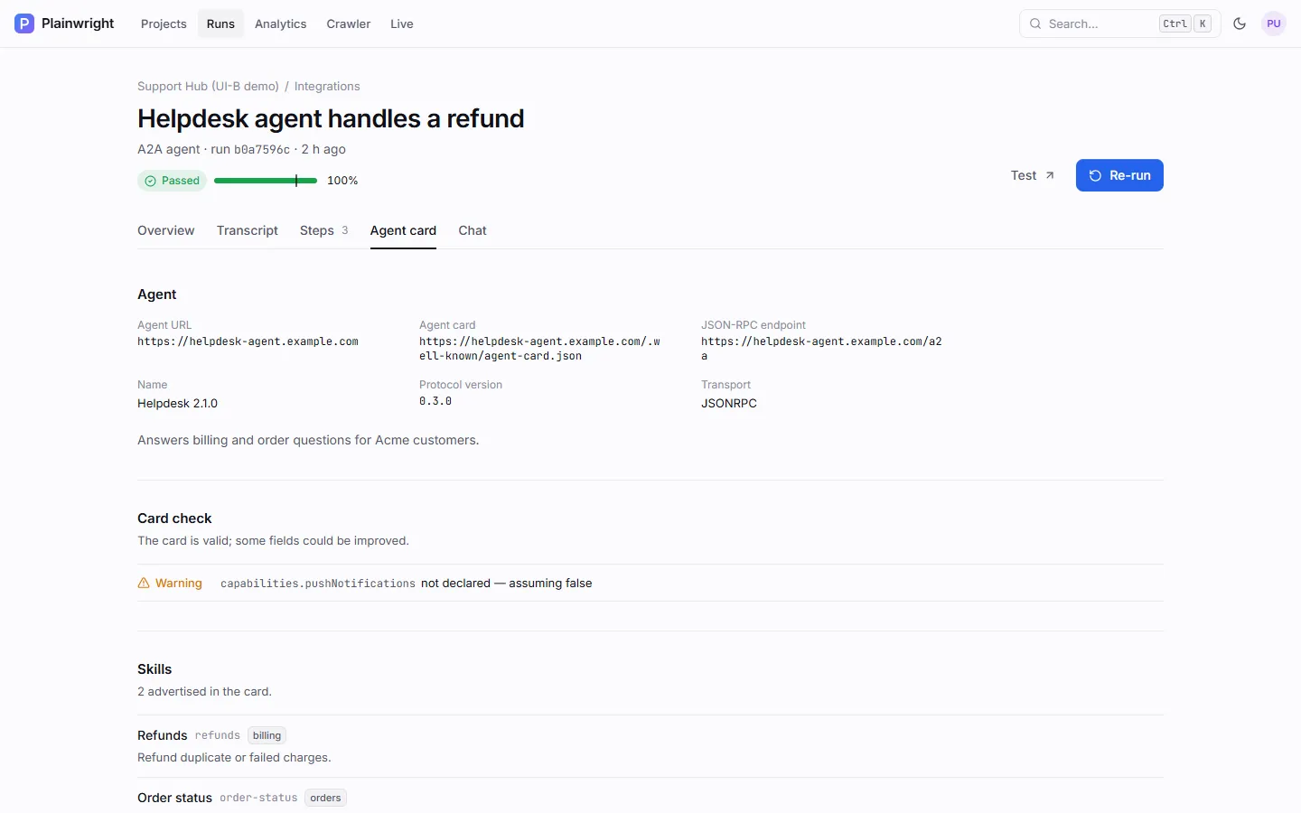 An A2A run's Agent card tab: agent URL, card URL under /.well-known/agent-card.json, JSON-RPC endpoint, name Helpdesk 2.1.0, protocol 0.3.0, transport JSONRPC, a card check with one warning, and two skills: Refunds and Order status