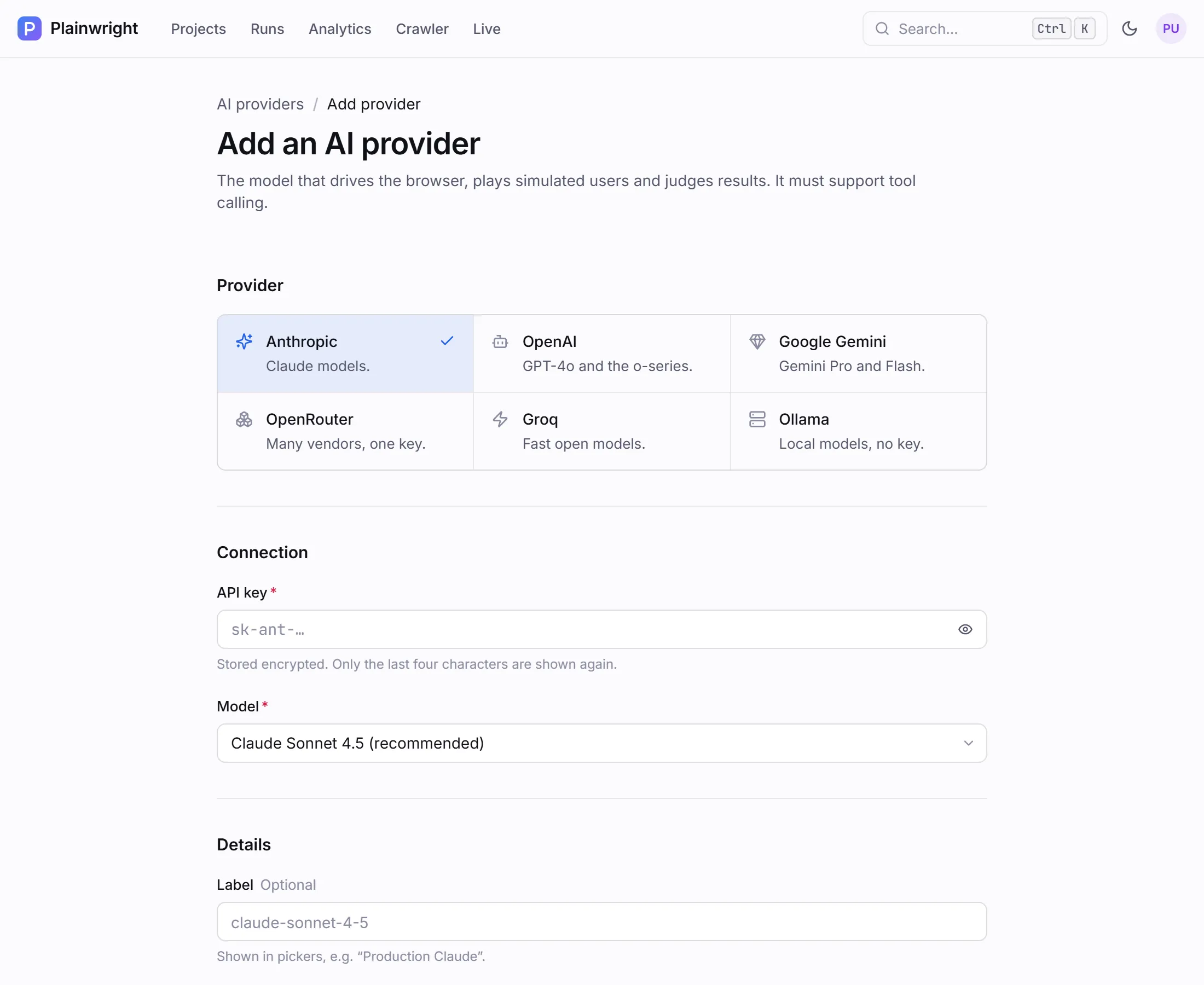 The Add provider page: six provider tiles, the API key field, the model picker and a label