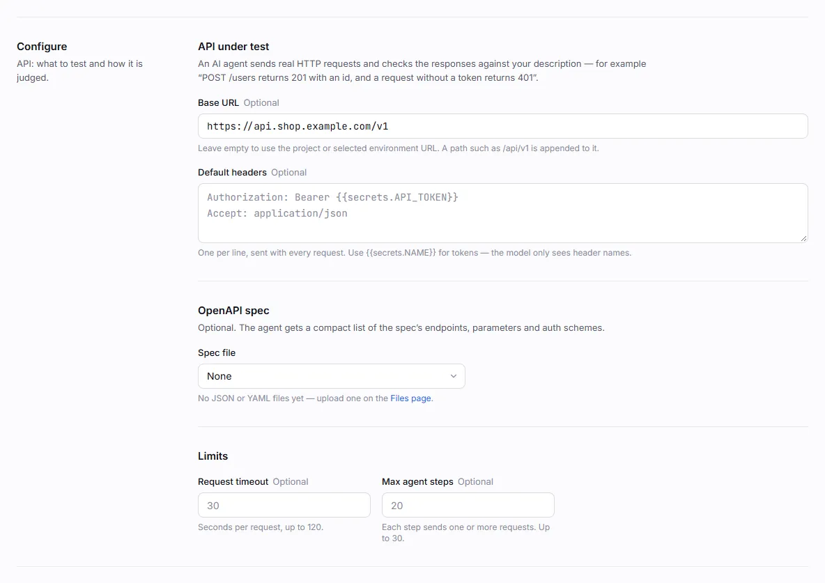 The API test configuration: base URL, default headers, OpenAPI spec file and limits