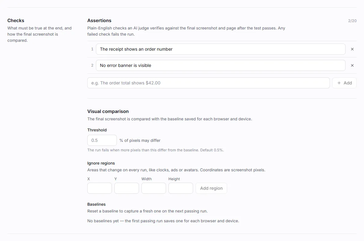 The Checks section: two assertions, then the visual comparison threshold, ignore regions and baselines