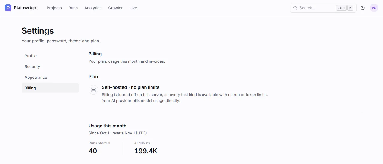 Settings, Billing section reading Self-hosted, no plan limits, with this month's runs started and AI tokens