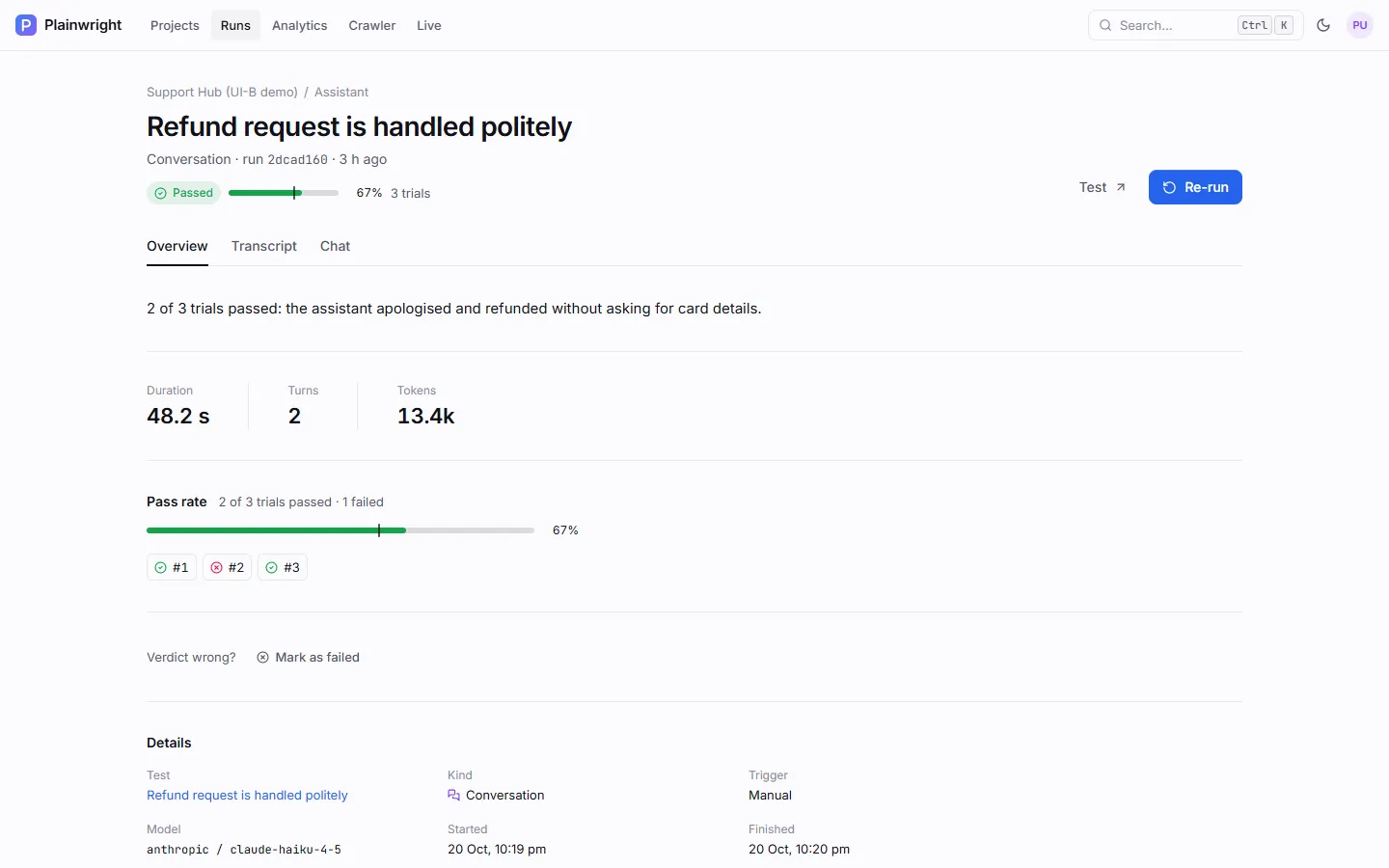 A conversation run's Overview with 3 trials: 2 of 3 passed, a pass-rate bar at 67 %, per-trial chips, duration, turns and tokens
