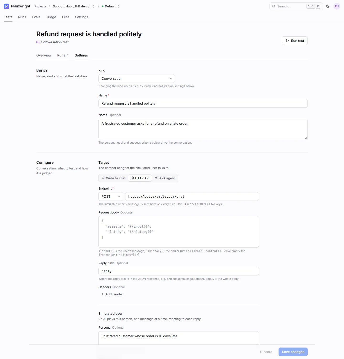A conversation test's Settings tab: the kind, name and notes, then the target with Website chat, HTTP API and A2A agent options, an endpoint, a request body template with input and history placeholders, a reply path and headers
