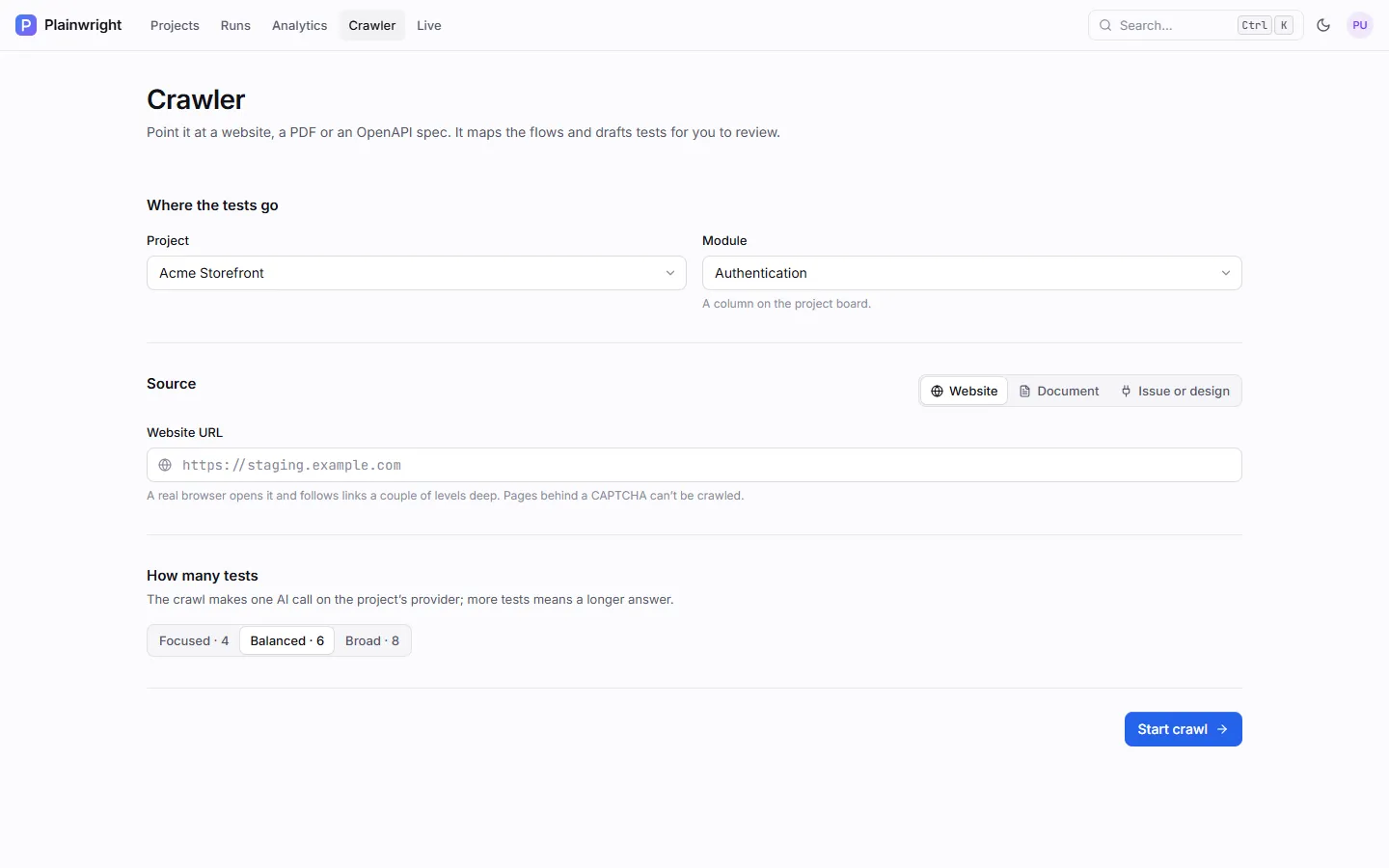 The Crawler page: target project and module, the source (Website, Document, or Issue or design) and how many tests to draft