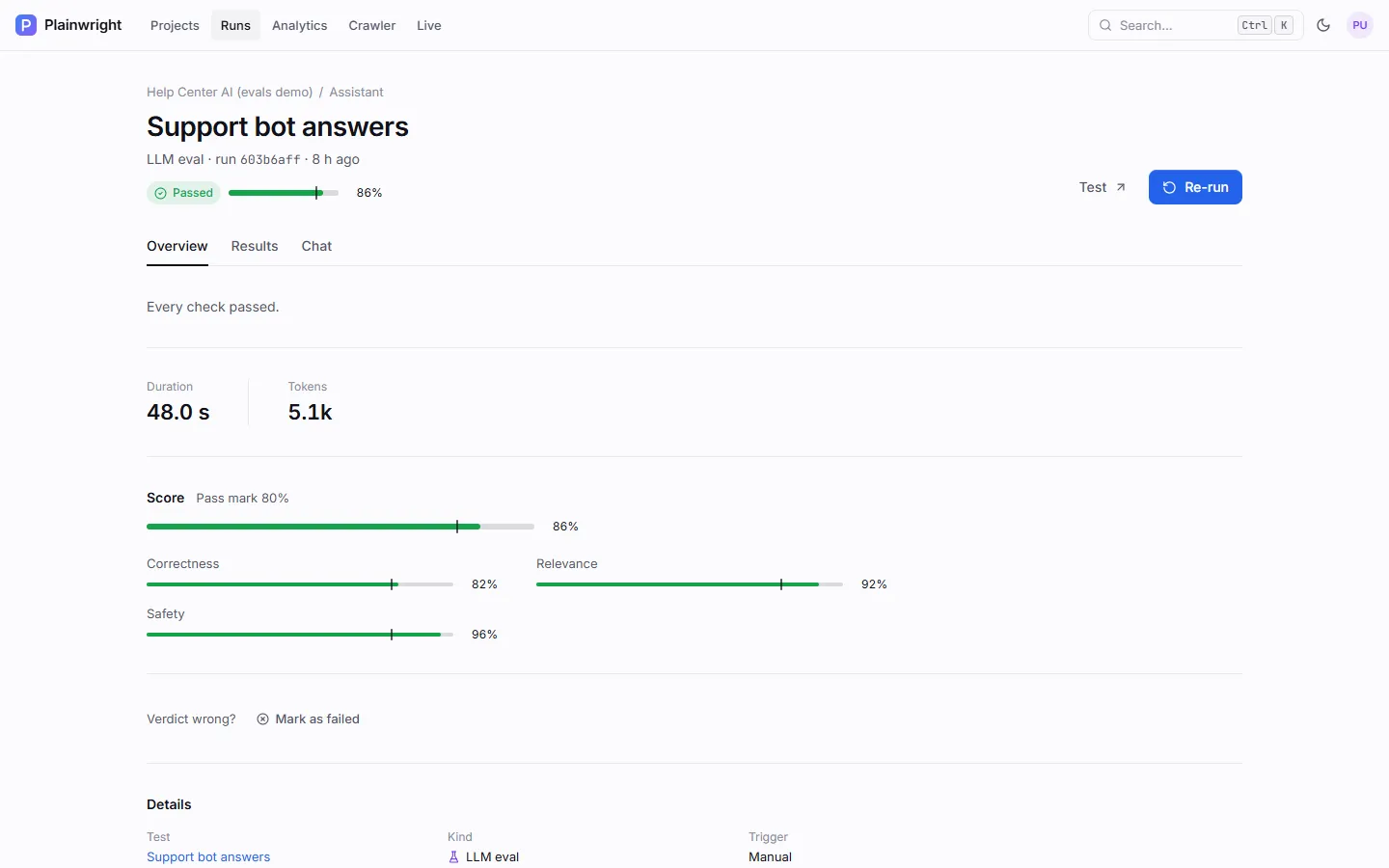 An LLM eval run's Overview: passed at 86 % against an 80 % pass mark, with correctness 82 %, relevance 92 % and safety 96 %