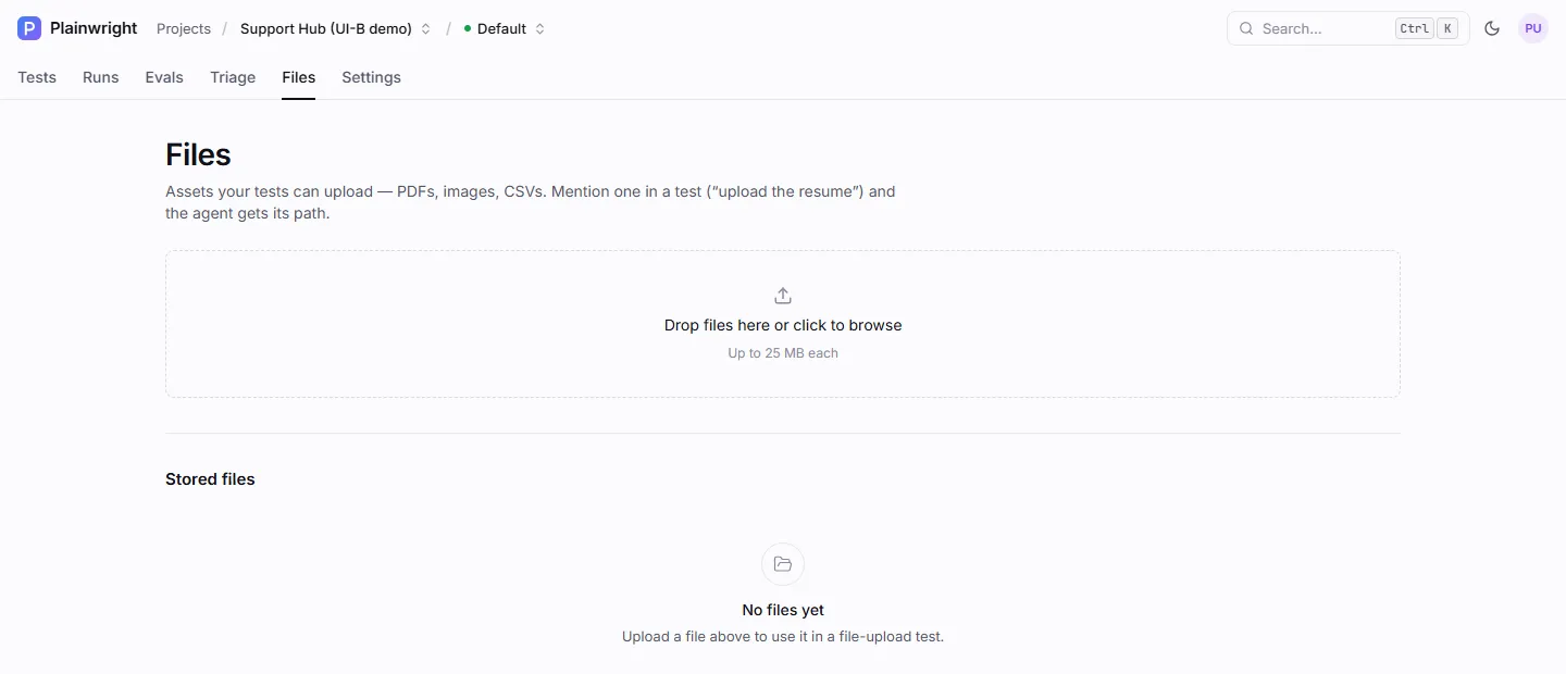The project’s Files tab with the upload area and the stored files list