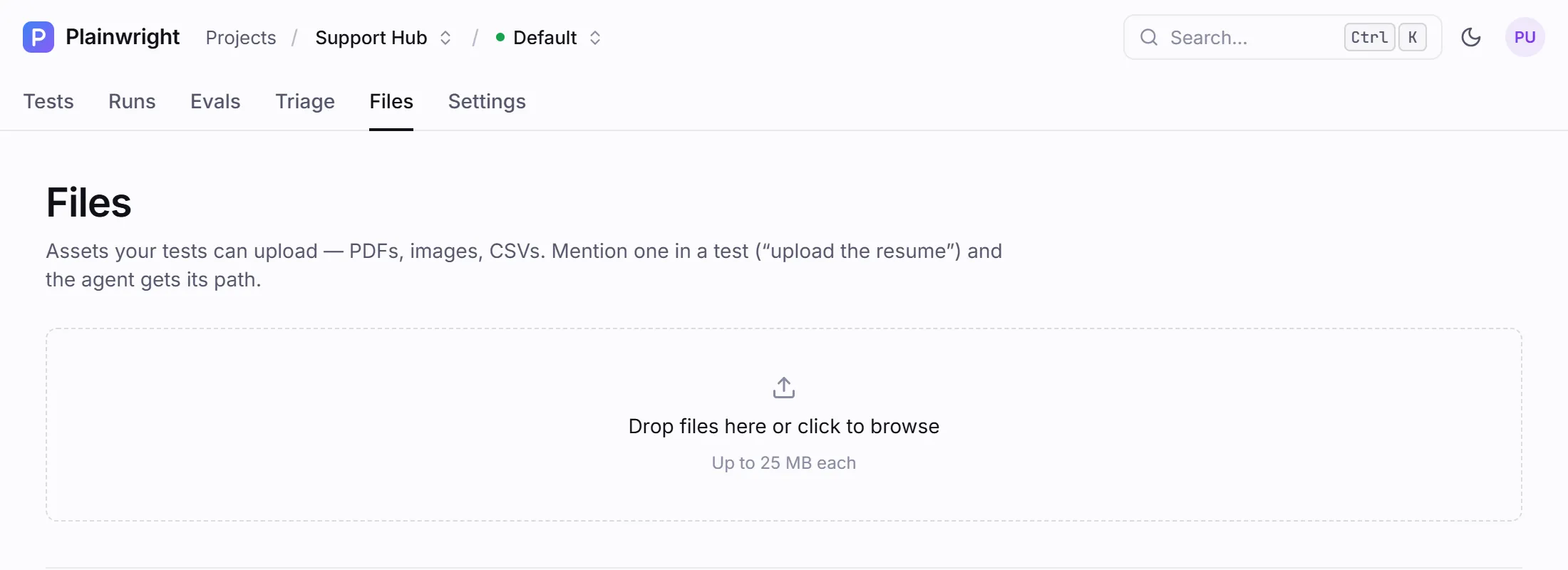 The Files tab: a drop zone for uploads and the list of stored files