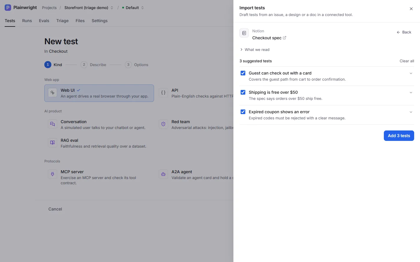 The Import tests drawer after reading the Notion page “Checkout spec”: three suggested tests, all ticked, and an Add 3 tests button