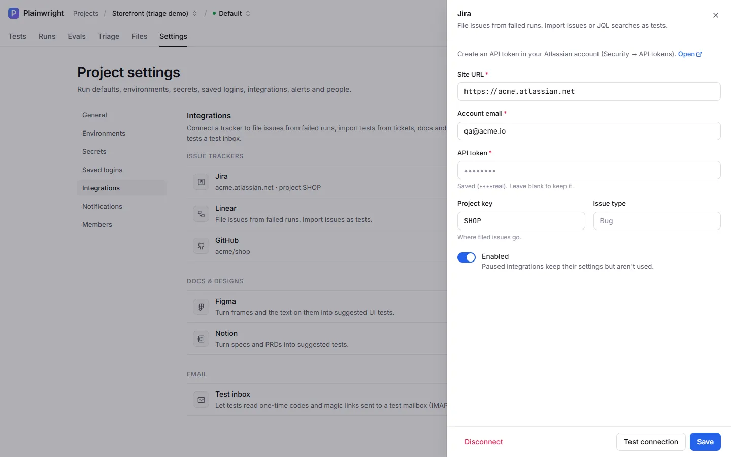 The Jira drawer: site URL, account email, a saved API token shown as dots, project key SHOP, issue type, the Enabled switch, and Disconnect, Test connection and Save