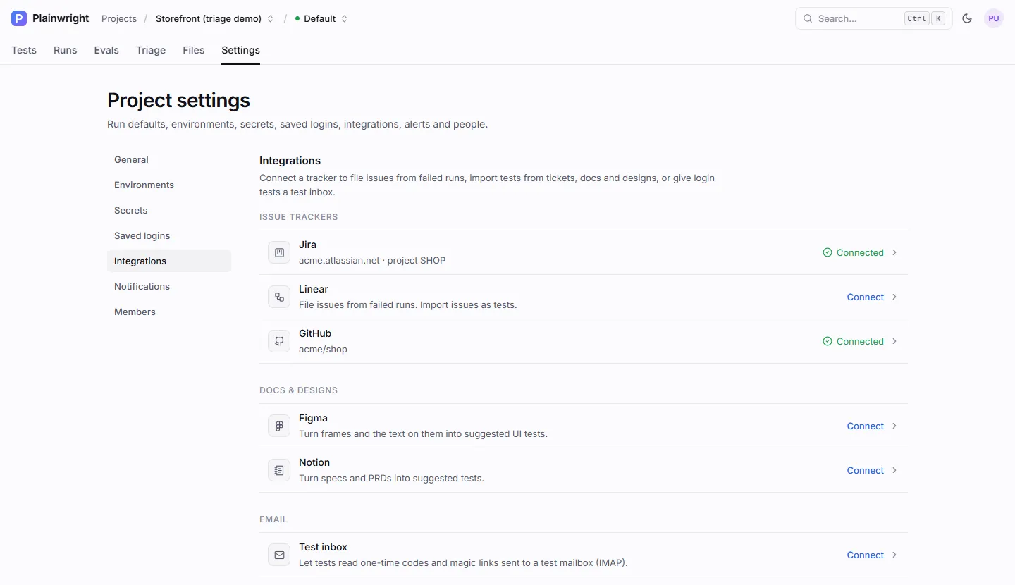 Settings → Integrations: Jira and GitHub connected, Linear, Figma, Notion and the test inbox not yet connected