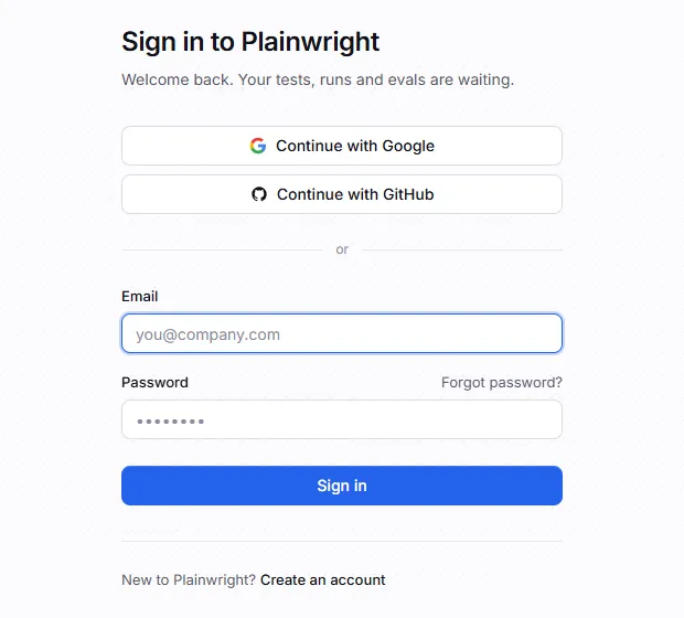 The Plainwright sign-in page with Continue with Google and Continue with GitHub buttons above the email and password form