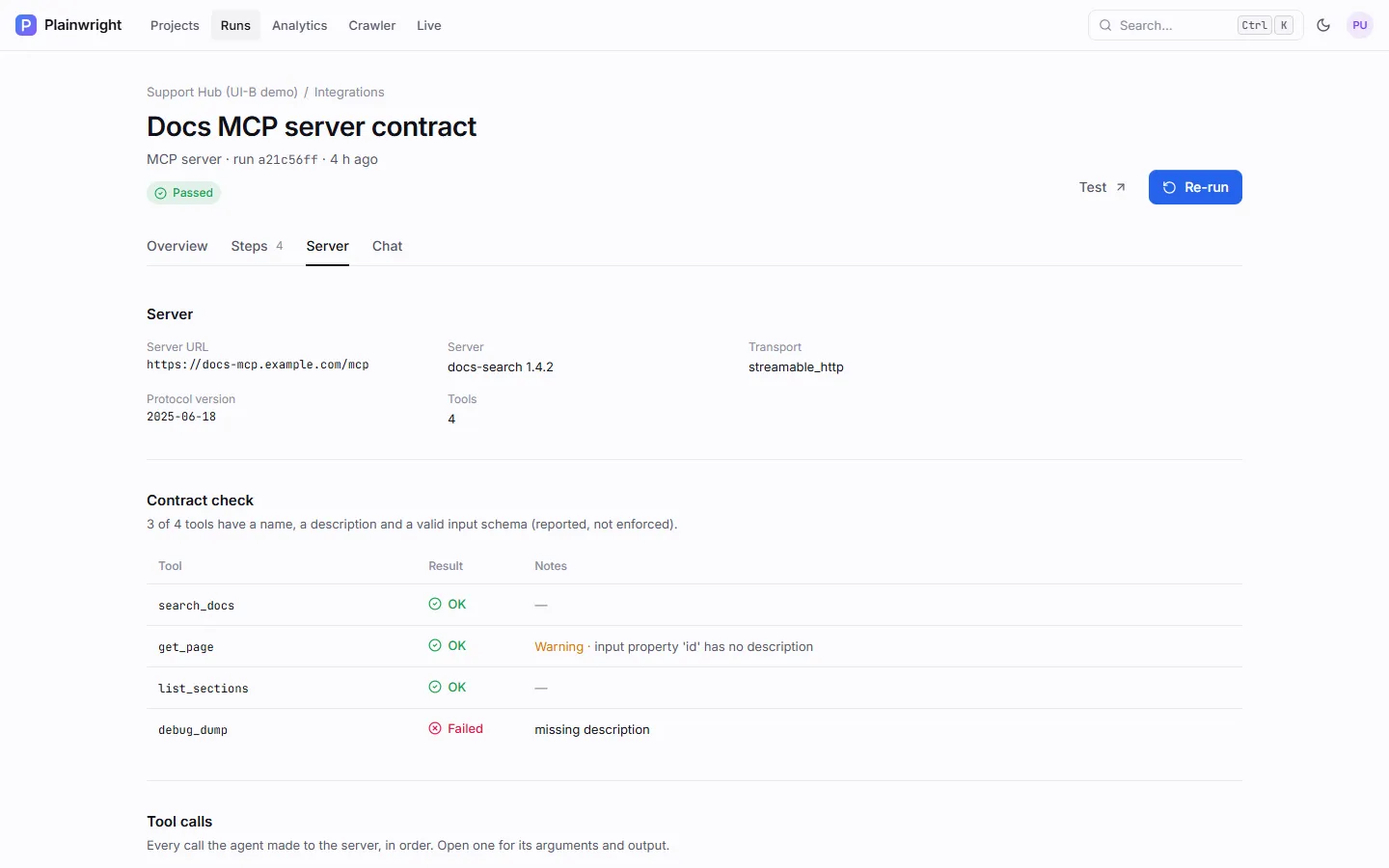 An MCP run's Server tab: server URL, docs-search 1.4.2, transport streamable_http, protocol 2025-06-18, 4 tools; a contract check table with search_docs, get_page and list_sections OK and debug_dump failed for a missing description; then the tool calls section