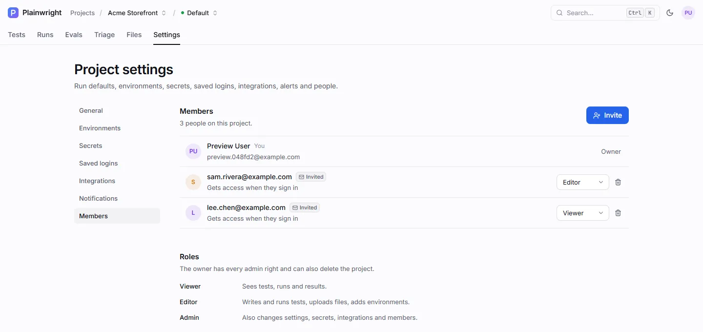 Settings → Members: the owner, two invited people with Editor and Viewer roles, and the Roles legend