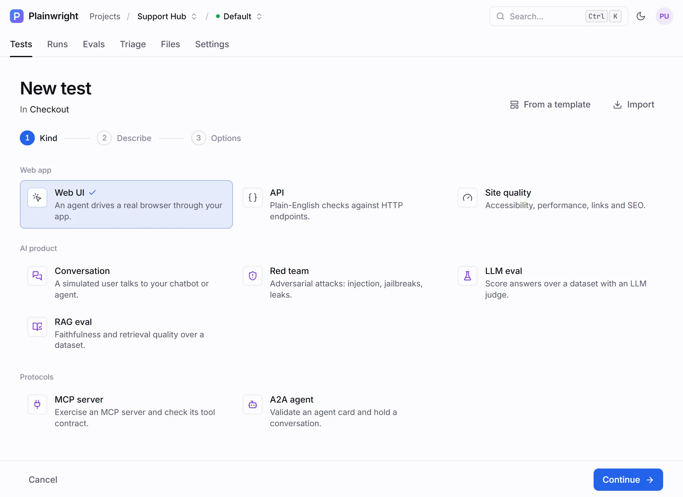The first step of the new-test wizard: nine test kinds grouped as Web app, AI product and Protocols