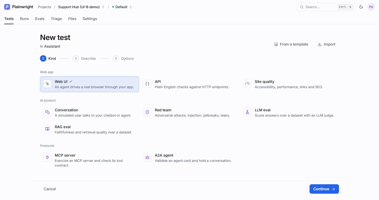 The New test wizard's kind step, with Conversation, Red team, LLM eval and RAG eval under AI product, and MCP server and A2A agent under Protocols