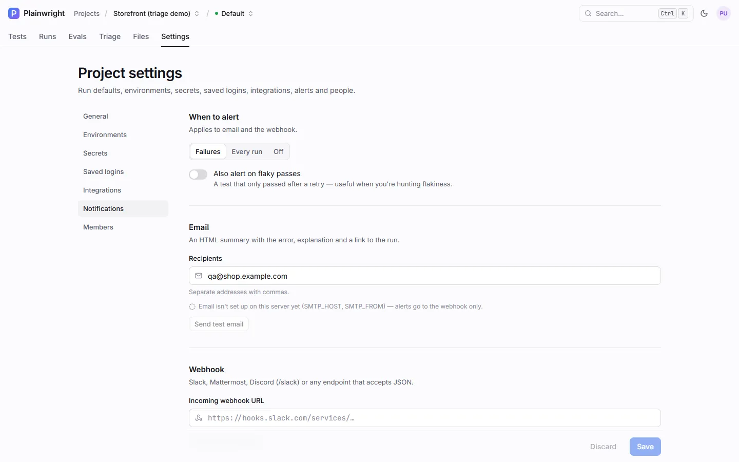 Notifications settings: When to alert (Failures, Every run, Off), Also alert on flaky passes, email recipients and the incoming webhook URL