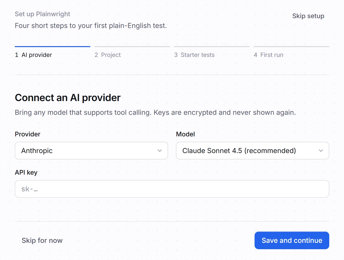 The first step of the guided setup: choose an AI provider and model, and paste an API key