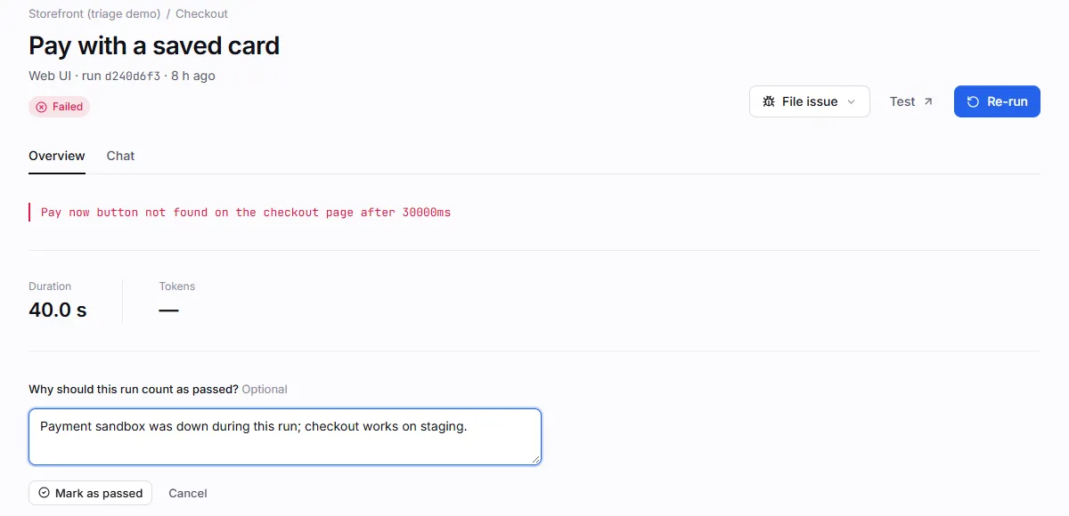 The override form on a failed run: “Why should this run count as passed?” with a note, and the Mark as passed button