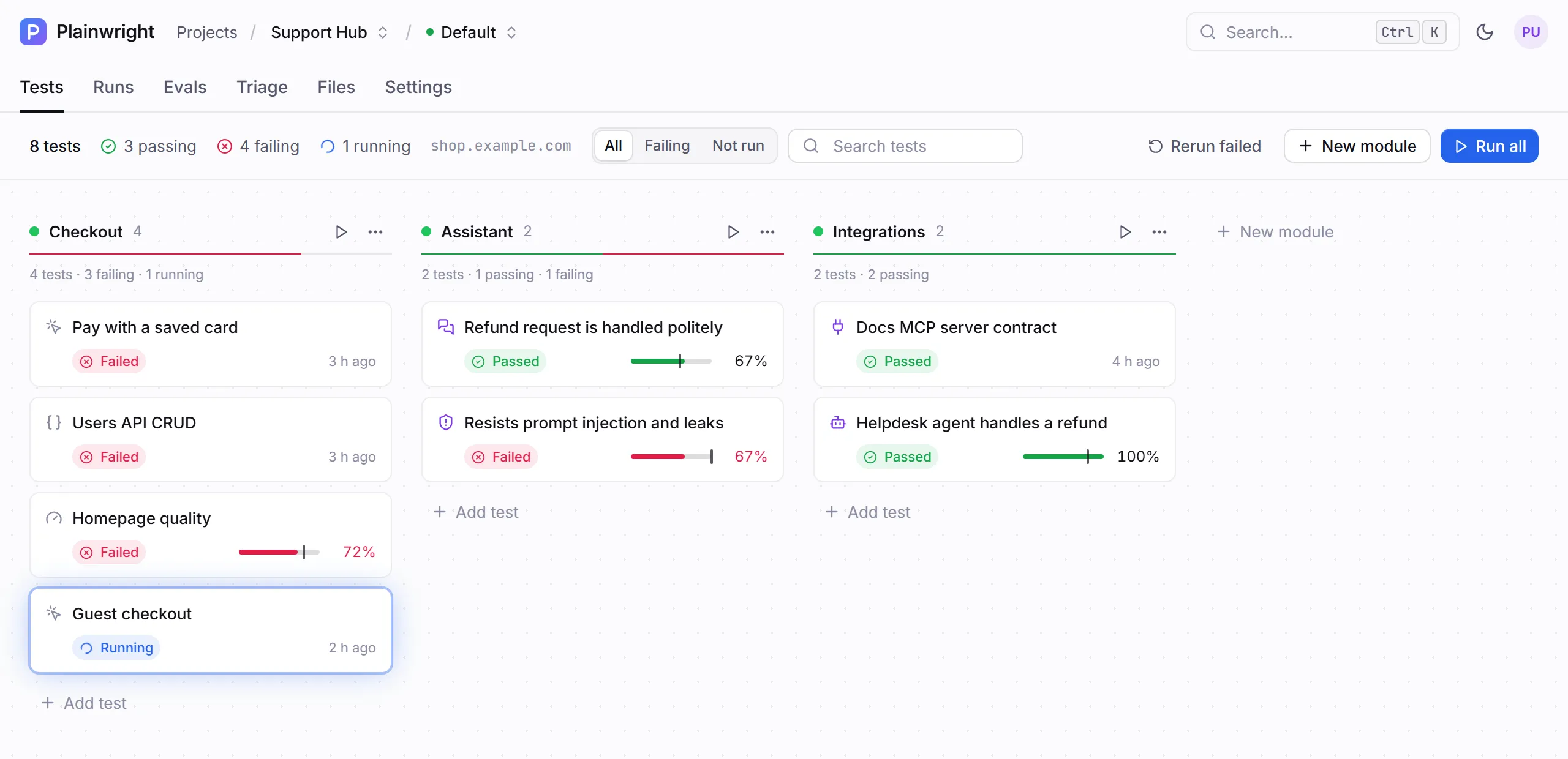 A project board with Checkout, Assistant and Integrations modules holding UI, API, quality, conversation, red-team, MCP and A2A tests