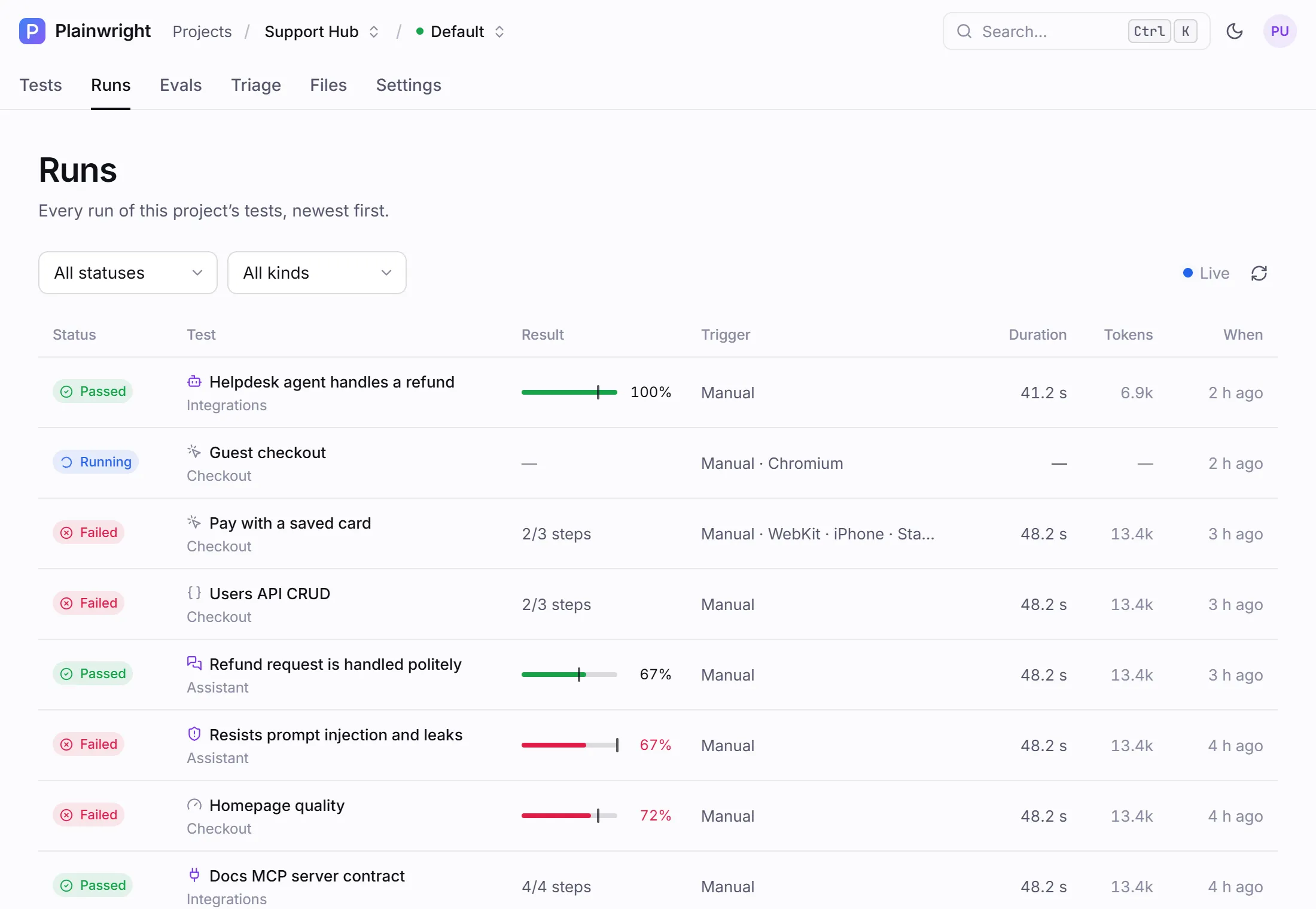 The Runs list with status, test, result, trigger, duration, tokens and time columns