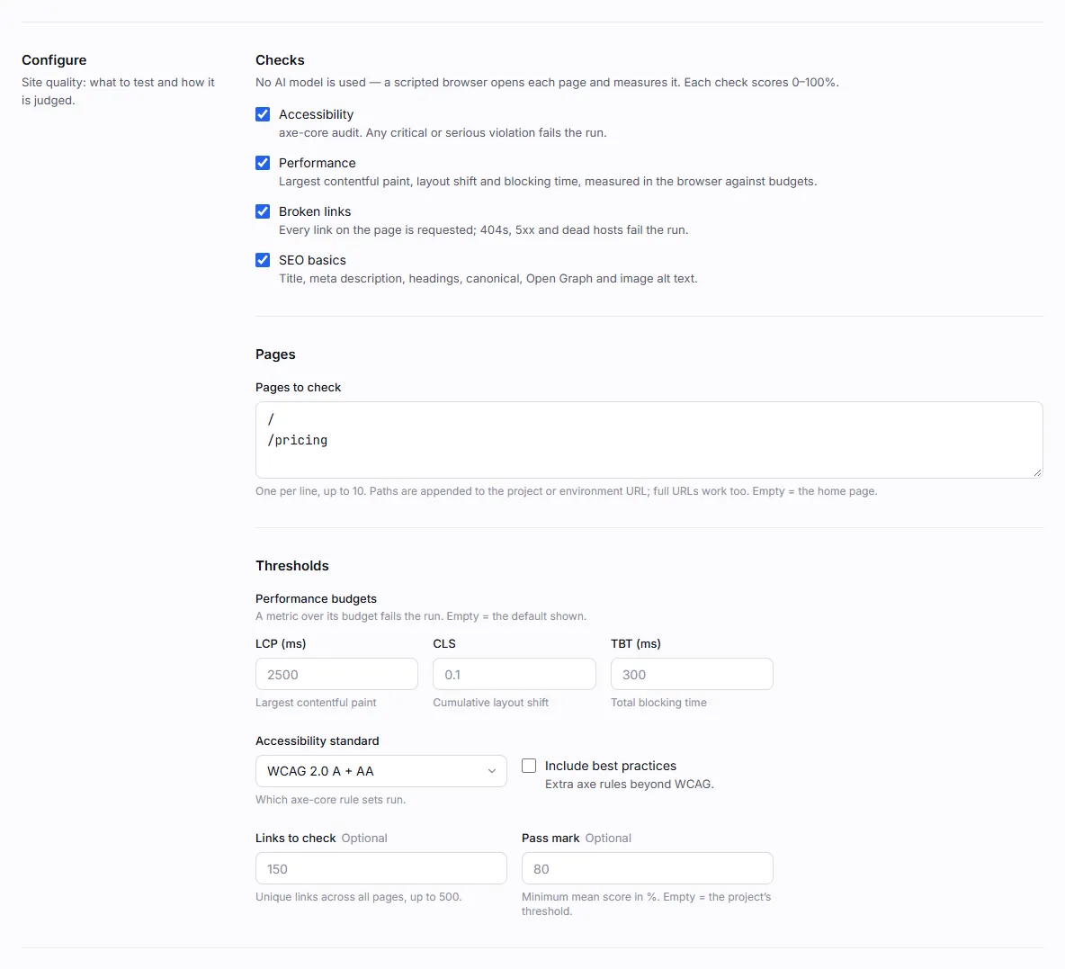 The site quality configuration: checks, pages, performance budgets, accessibility standard, links and pass mark