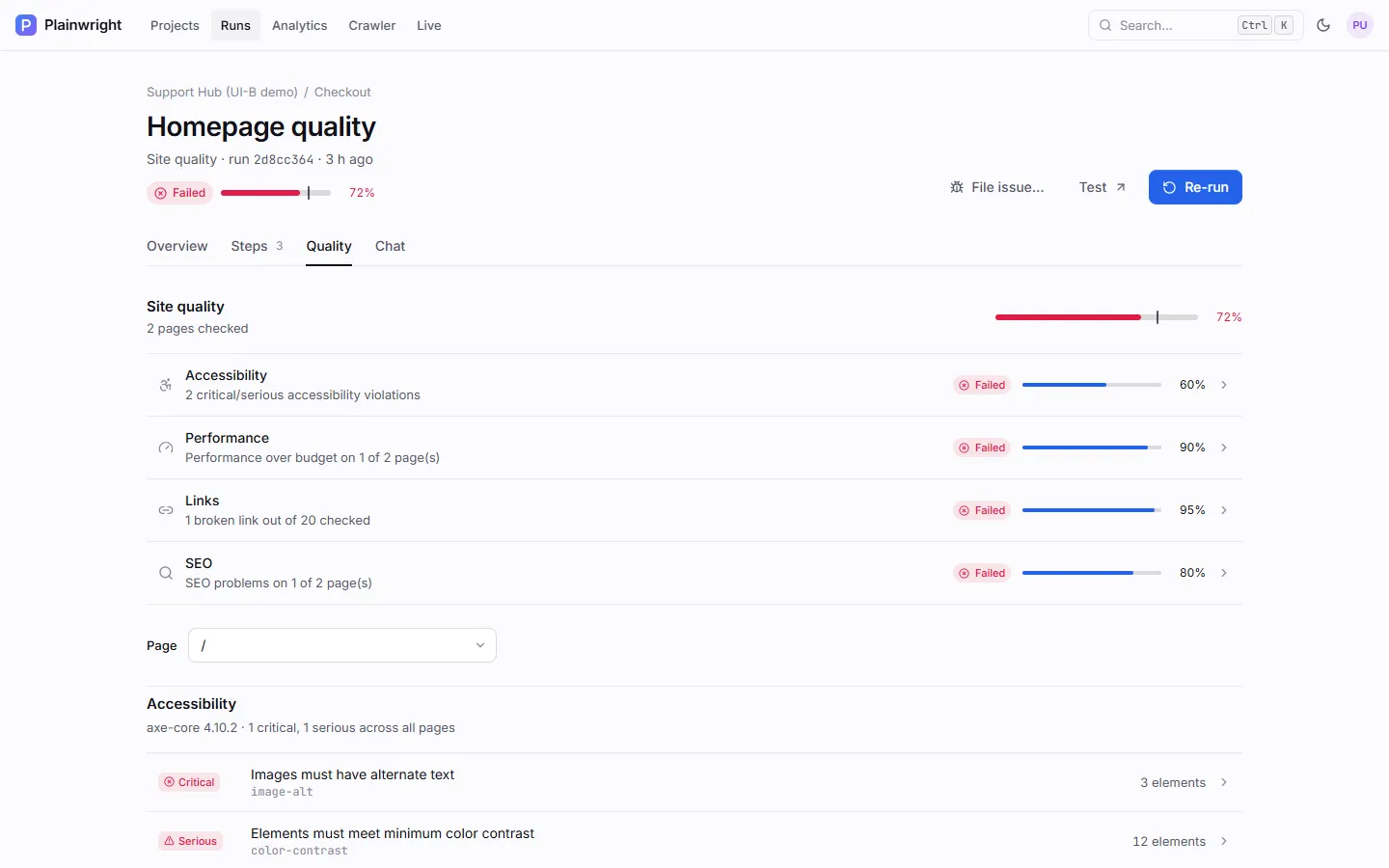The Quality tab of a run: overall score, per-check status and scores, and accessibility violations by impact