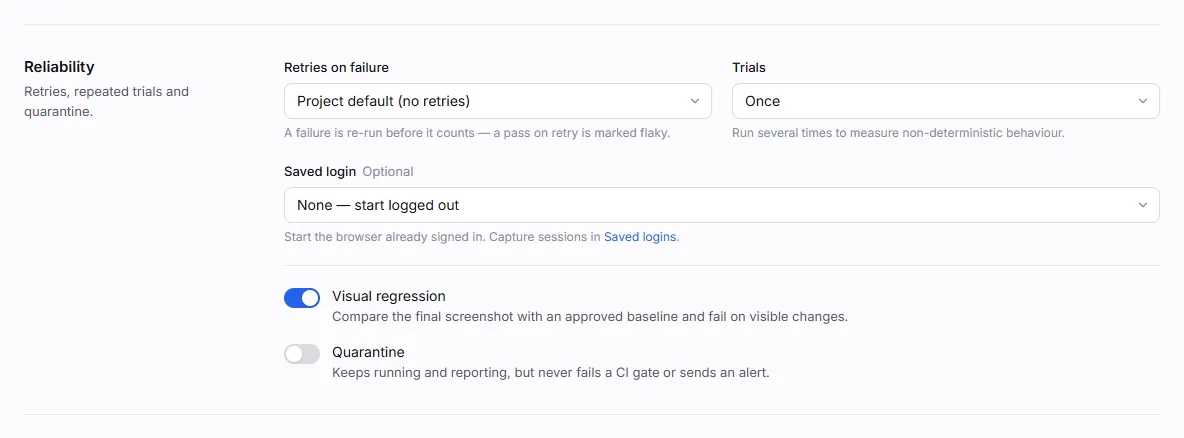 The Reliability section with the Visual regression switch turned on