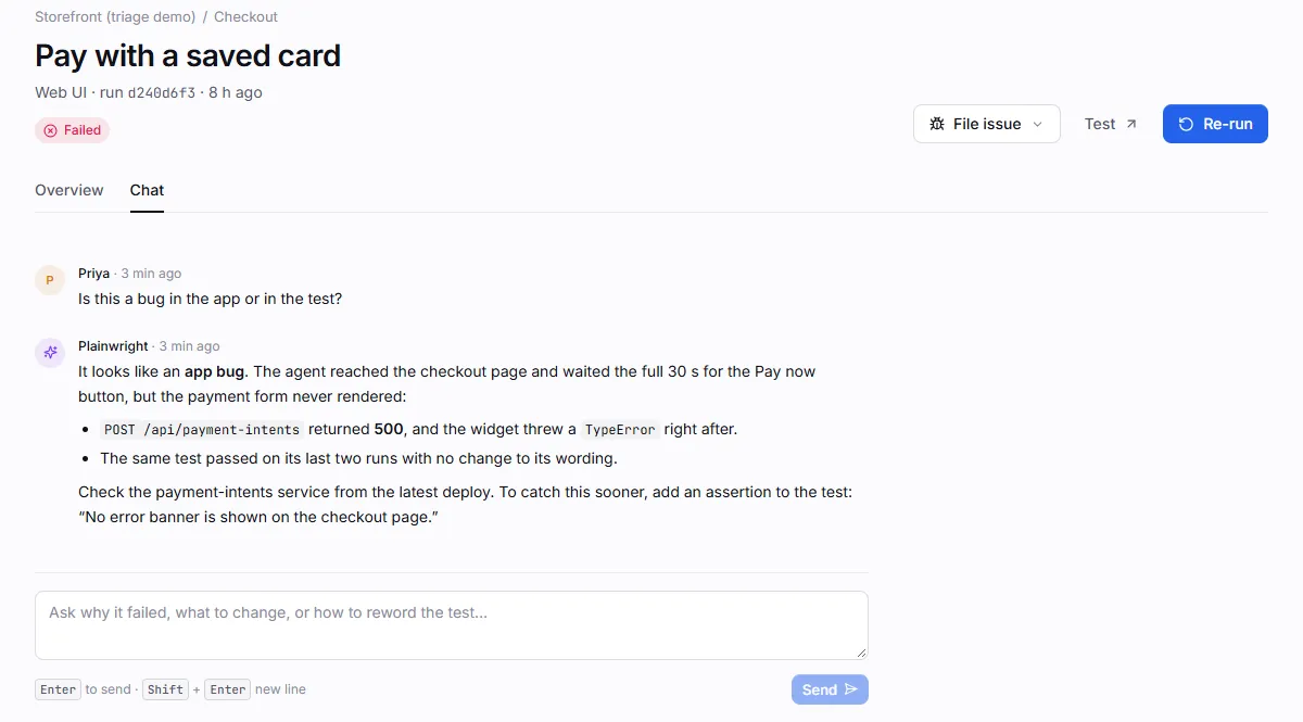 The Chat tab of a failed run: a question “Is this a bug in the app or in the test?” and a grounded answer pointing at a failed request and the run history