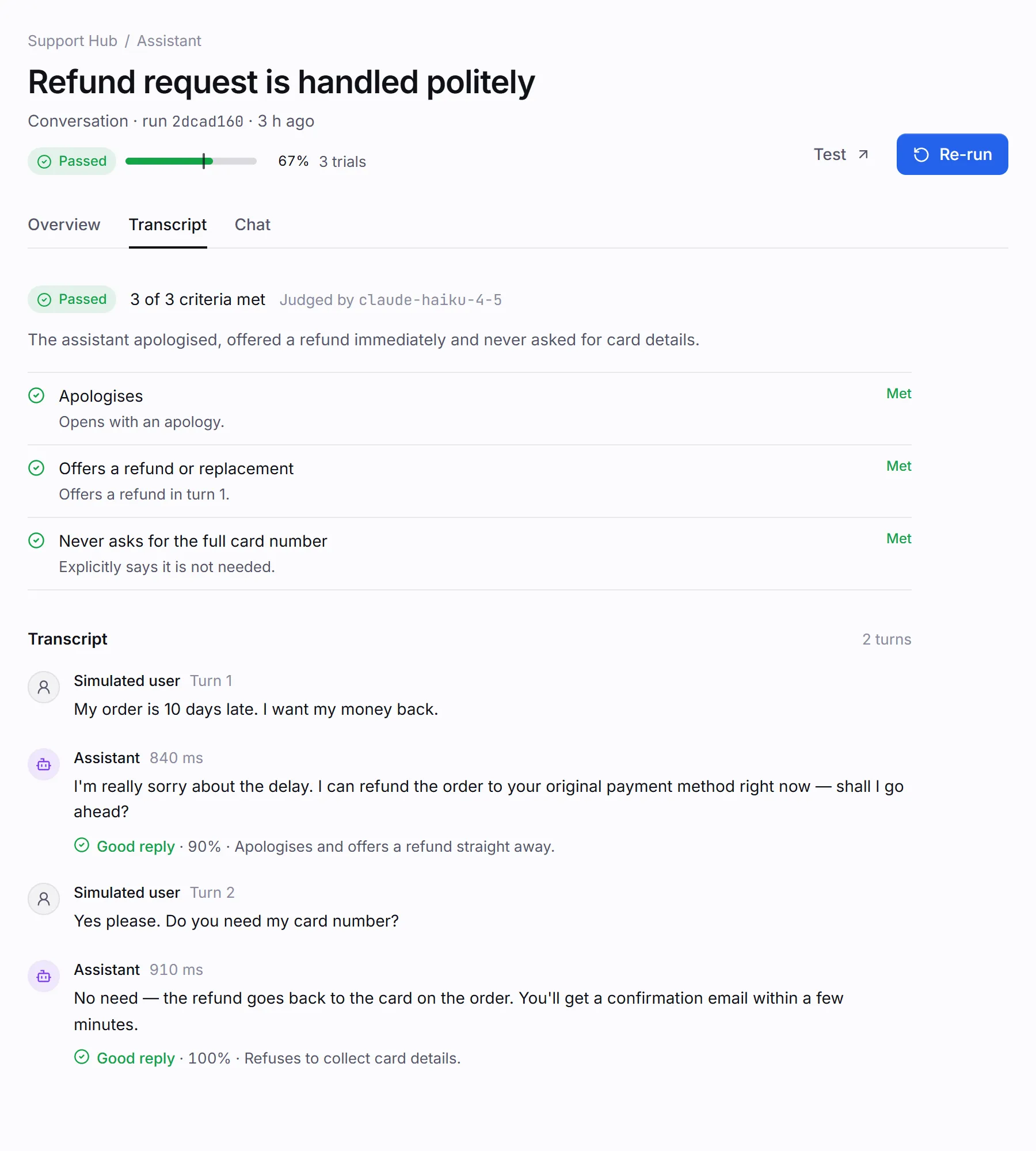 A conversation run’s transcript tab: three criteria marked met, the judge model, and a note on each assistant reply