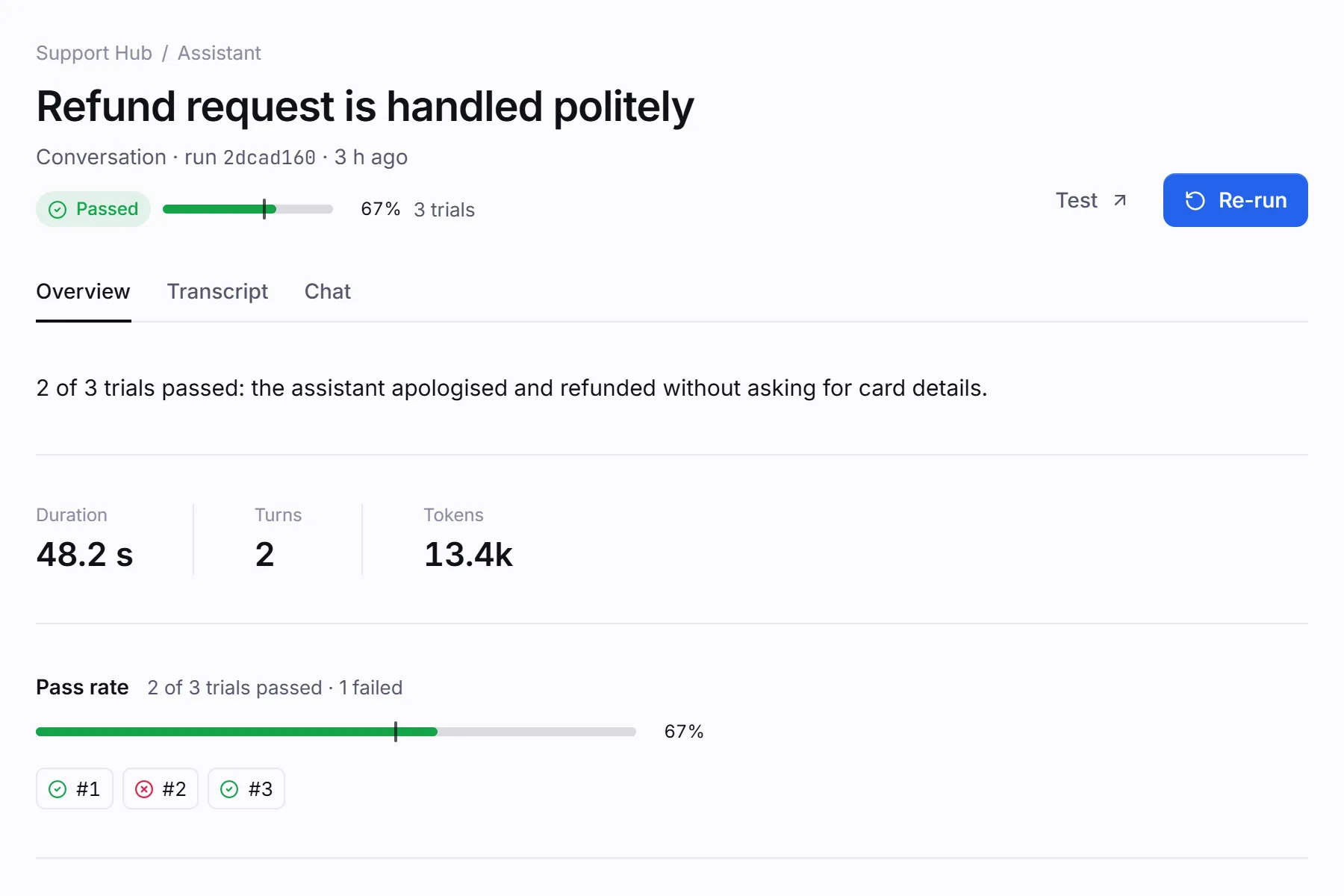 A finished conversation run with three trials: a 67% pass rate against the pass mark, and each trial’s result