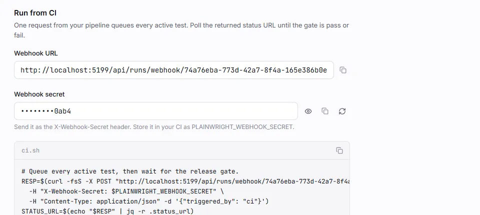 Run from CI: the webhook URL, the masked webhook secret with reveal, copy and rotate buttons, and a ci.sh snippet