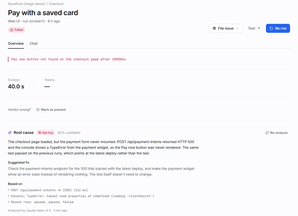 A failed run with its root-cause analysis: category App bug, 82% confident, a summary, a suggested fix and the evidence it relied on