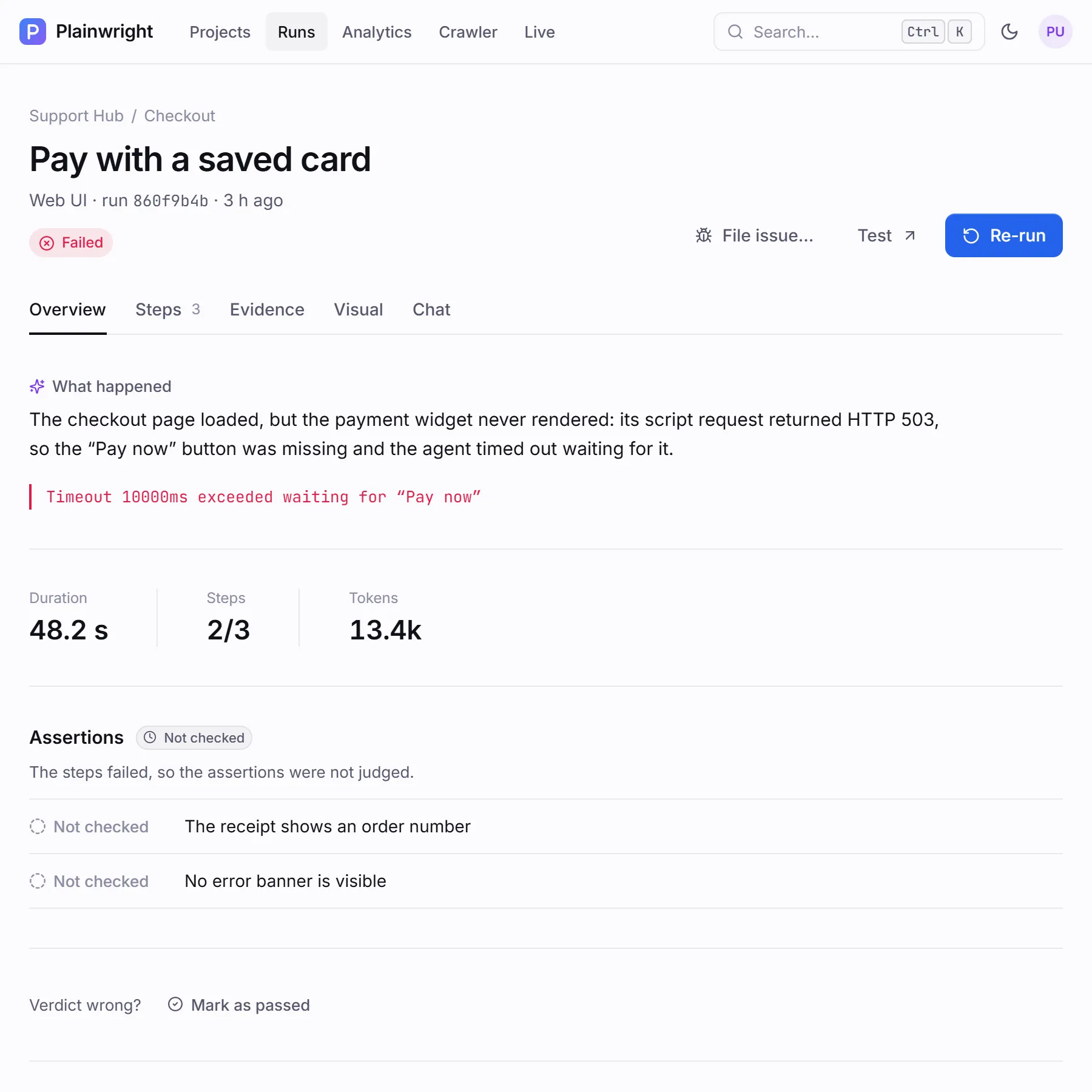A finished web UI run page: status, the “What happened” explanation, duration, steps and token count