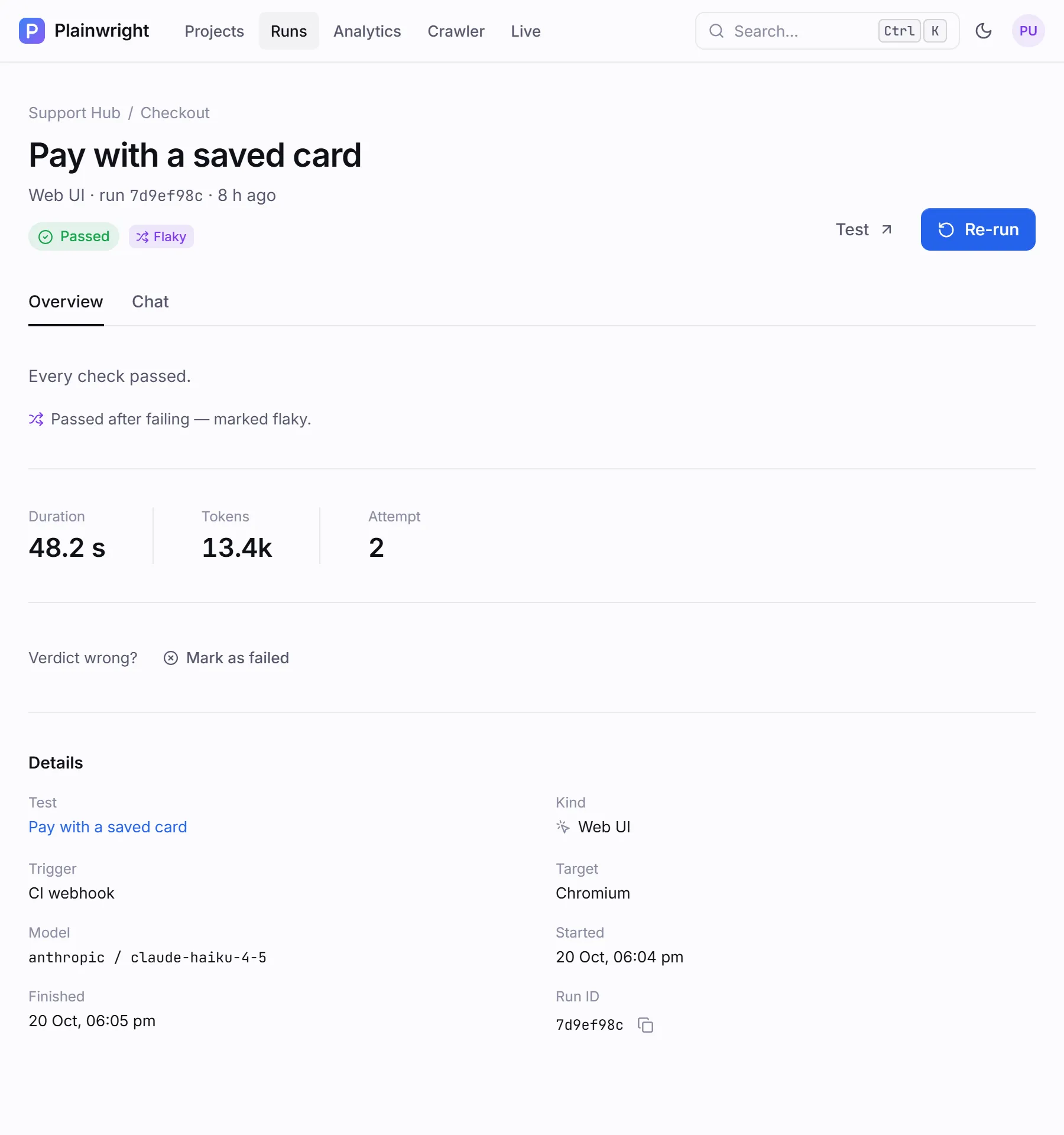 A passed run page: status, the flaky badge, duration, tokens and attempt number, plus the run’s details
