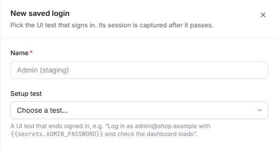 The New saved login drawer: a name and the setup test that signs in
