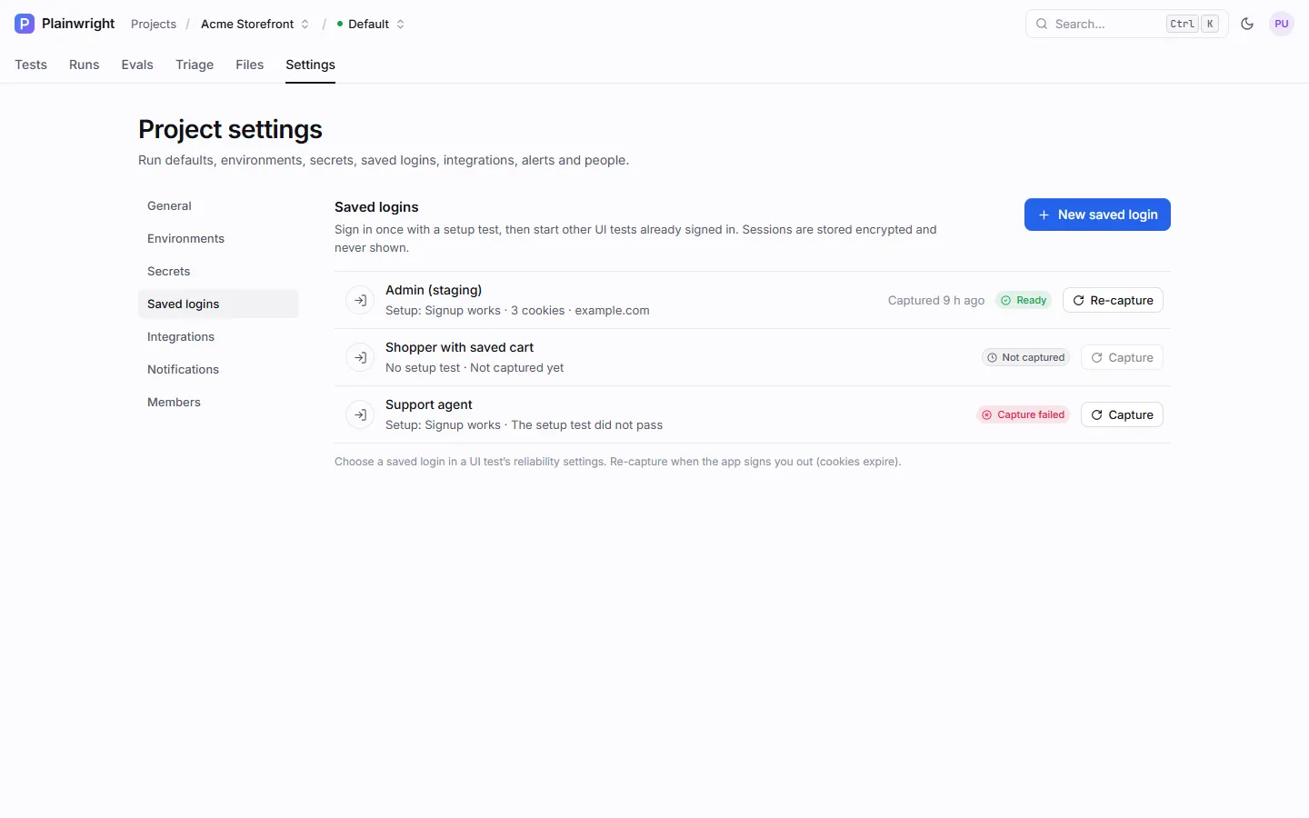 The Saved logins settings: one ready session, one not captured yet and one whose capture failed