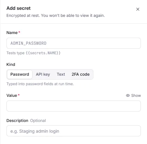 The Add secret drawer: name, kind (Password, API key, Text, 2FA code), value and description