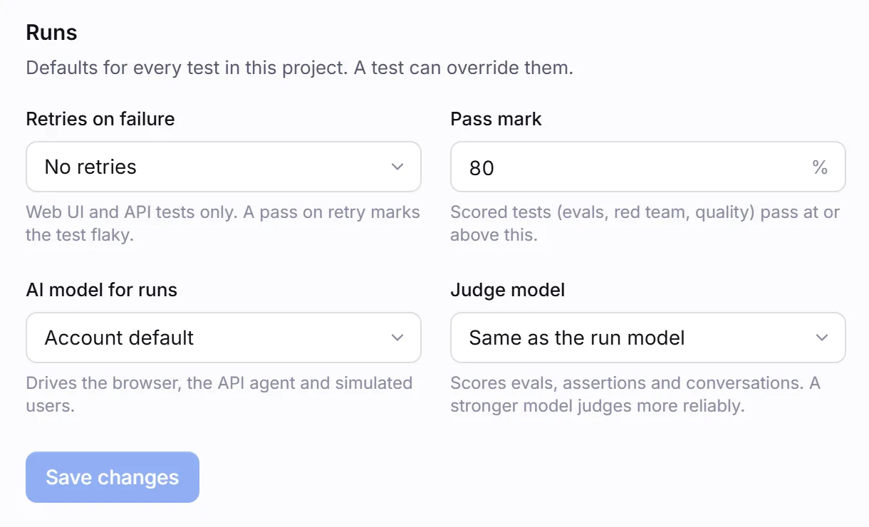 The Runs section of General settings: retries on failure, pass mark, AI model for runs and judge model