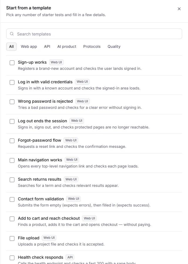 The template picker: search, category filters and starter tests with their kind