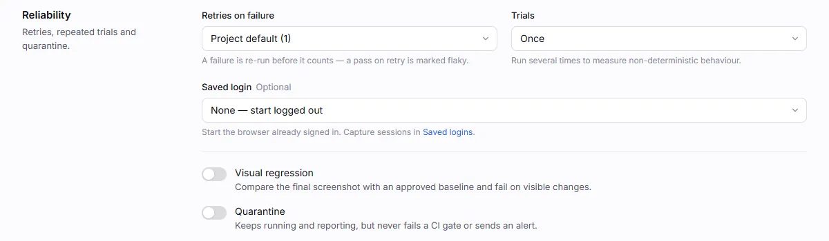 The Reliability section of a test’s settings: Retries on failure, Trials, Saved login, Visual regression and Quarantine
