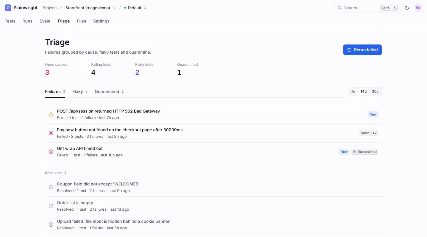 Triage page: open causes, failing tests, flaky and quarantined counts, then a list of failure causes with New, issue key and Quarantined badges