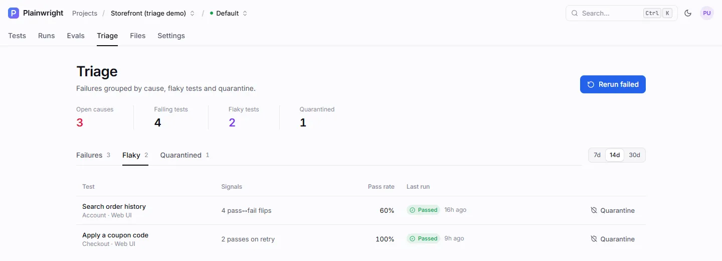 Triage, Flaky tab: two tests with their signals, pass rate and last run, each with a Quarantine action
