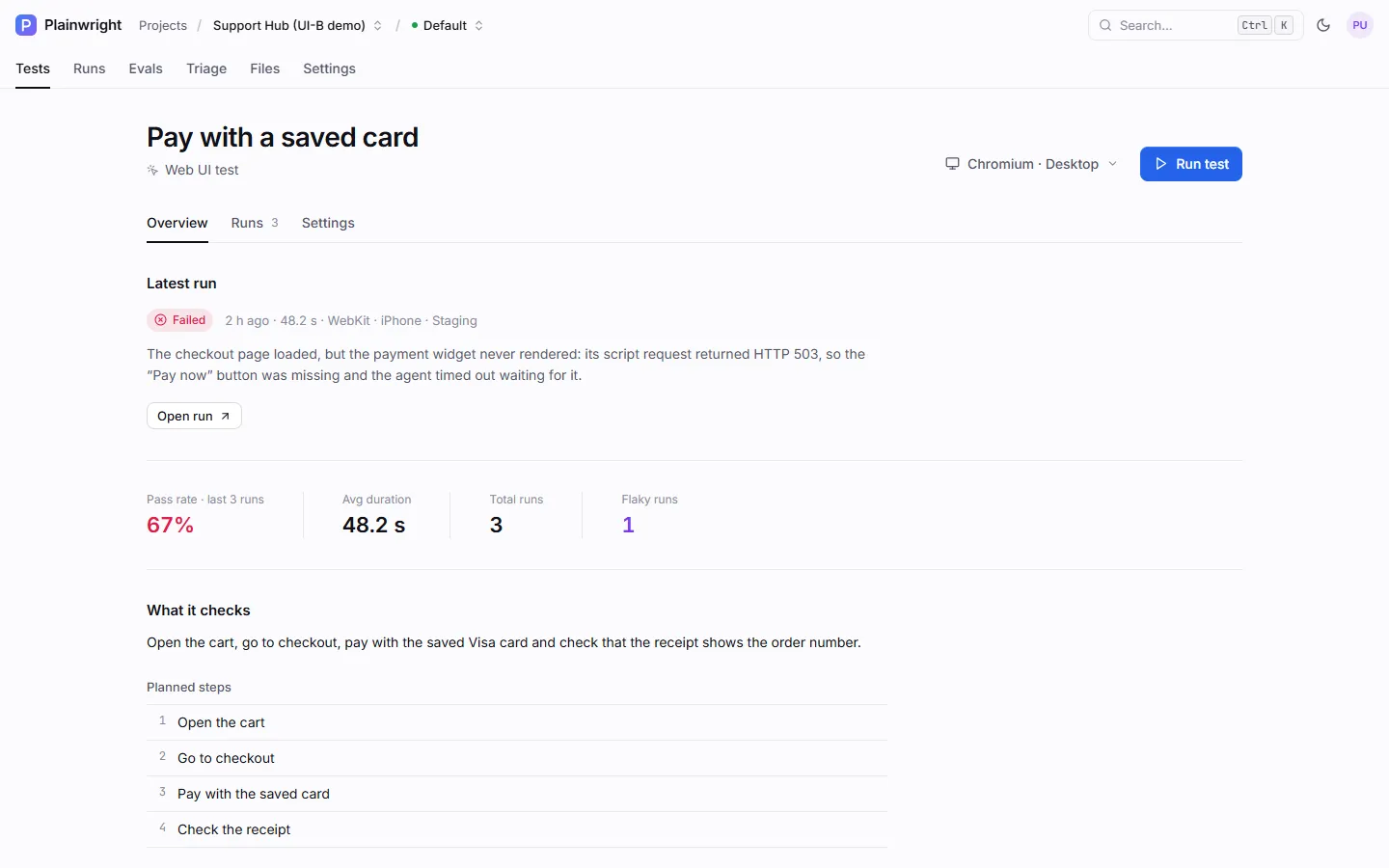The overview of a UI test: latest run, pass rate, the plain-English description and the planned steps